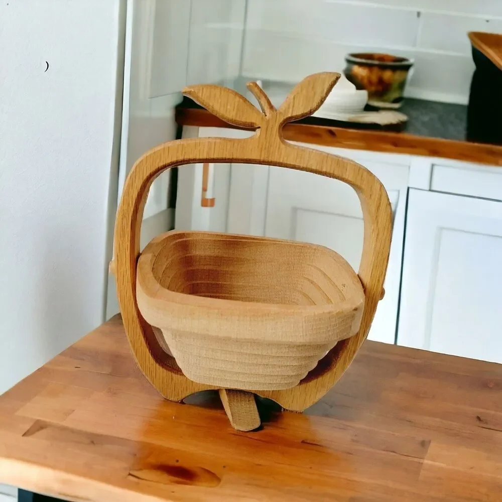Vtg Basket Apple Shaped Tan Wooden Cut Collapsible Accent Fruit Holder Handmade